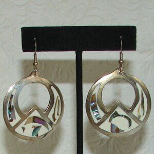 Vtg Alpaca Silver Abalone Inlay Disk EARRINGS, Mexico Dangle D22